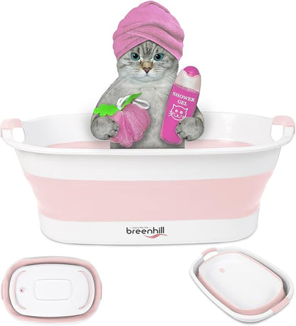 Collapsible Dog Bath Tub for Small Dogs &amp; Cats, Portable Puppy Bath Tub with Water Drain Plug, Space Saving Foldable Pet Bathtub for Indoor &amp; Outdoor Use, Pink