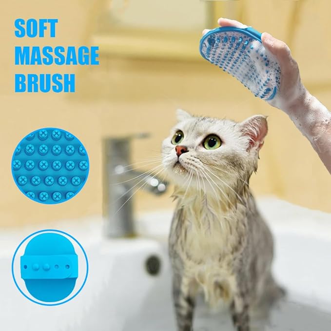 Grooming Brush Kit - 5pcs for Shedding &amp; Matted Fur, Self-Cleaning with Flea Comb for Indoor Long-Haired Cats, Blue