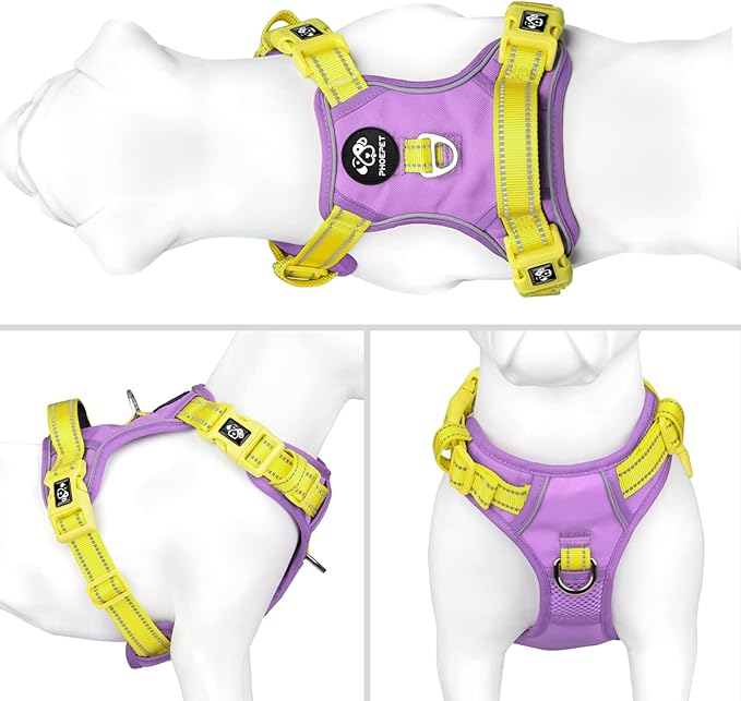 PHOEPET No Pull Dog Harness, Unique Colors Reflective Adjustable Dog Vest, with Soft Training Handle Metal Clips for Small Medium Large Dogs (Baby Purple Base &amp; Yellow Straps,M)