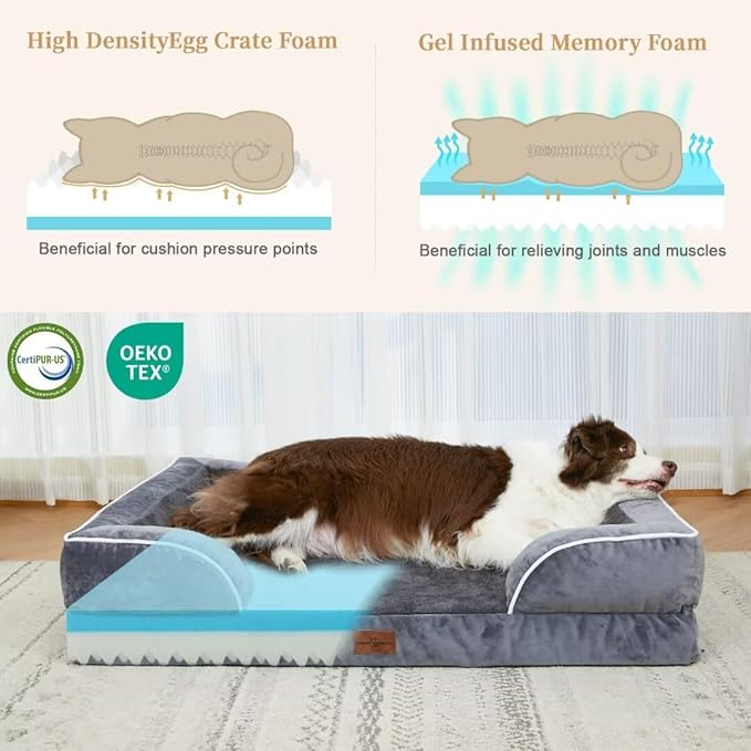Comfort Expression Cooling Dog Bed, Jumbo Dog Bed for Extra Large Dogs, Memory Foam Orthopedic Bed, Large Breed Dogs, Waterproof Beds with Bolster &amp; Removable Cover(Jumbo,Leaden Grey)