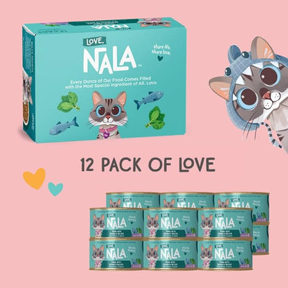 LOVE, NALA - Natural Adult Cat Wet Food - Pate Tuna with Spinach Recipe- Grain Free, Non-GMO, Lean Protein, Iron, Digestive Fiber Blend, Added Minerals &amp; Vitamins - 12 Pack 2.4 lbs.
