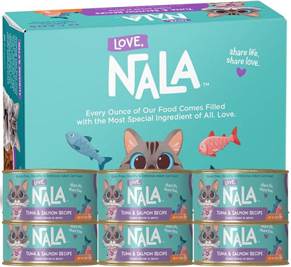 LOVE, NALA - Natural Adult Cat Wet Food - FLAKED Tuna and Salmon in Broth- Grain Free, Non-GMO, Lean Protein, Omega 3, Added Minerals &amp; Vitamins - 12 Pack 2.4 lbs.