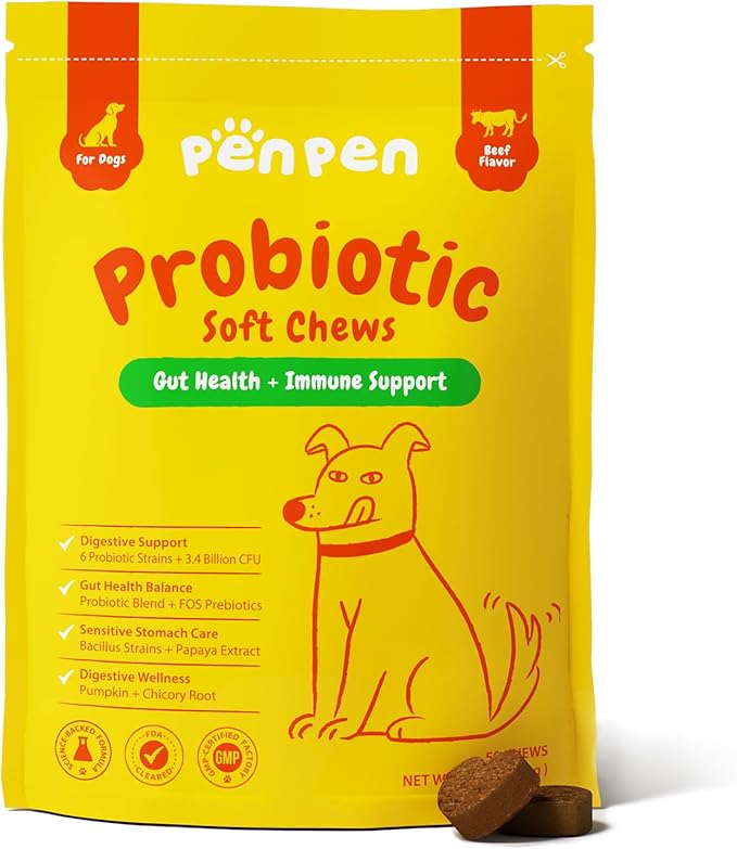 Penpen Probiotics for Dogs, Dogs Probiotics for Digestive Health, Multi-Probiotic and Enzyme Blend Promote Gut Health &amp; Immune Support, Eases Sensitive Stomachs (Beef Chews, 50ct)