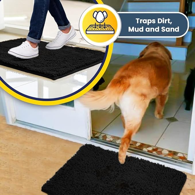 Muddy Mat® Pack of 3 Highly Absorbent Microfiber Dog Door Mat and Pet Rug, Non Slip Thick Washable Area Mat Soft Chenille for Kitchen Bathroom Bedroom and Outdoor - Black Small, Medium &amp; Large