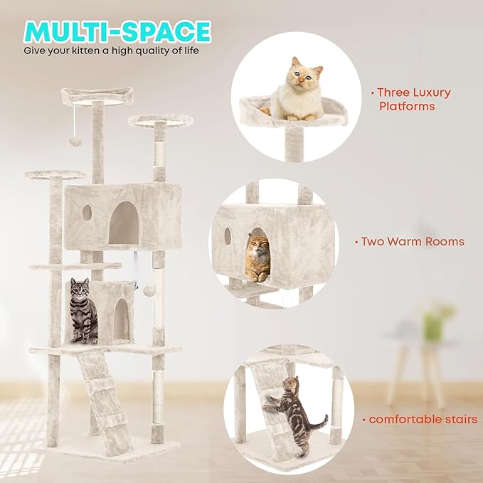 FDW Cat Tree 70in Cat Tower Multi-Level Durable Cat Scratching Post &amp; Cozy Fun Cat Jumping Platform Space Saving Cat Condo Pet Play House for Indoor Cats,Beige