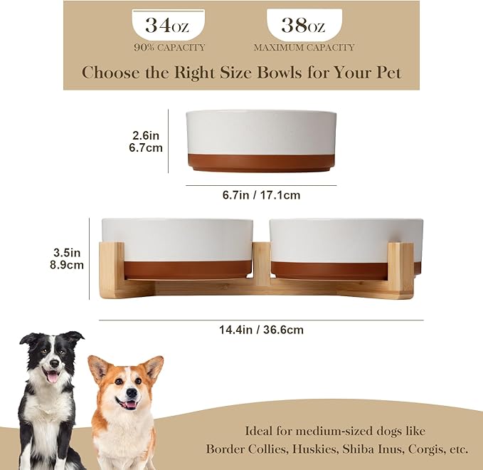 MALACASA Ceramic Dog Bowls, Dog Bowls for Medium Sized Dogs with Wood Stand - Pet Food &amp; Water Bowl Set for Cat Medium Dogs, Weighted Glaze Matte.34 OZ (M-3.5 Cups)