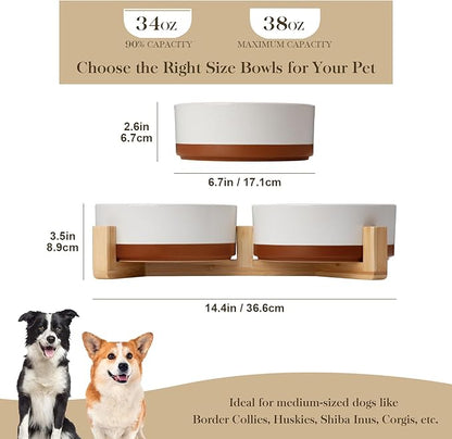 MALACASA Ceramic Dog Bowls, Dog Bowls for Medium Sized Dogs with Wood Stand - Pet Food &amp; Water Bowl Set for Cat Medium Dogs, Weighted Glaze Matte.34 OZ (M-3.5 Cups)