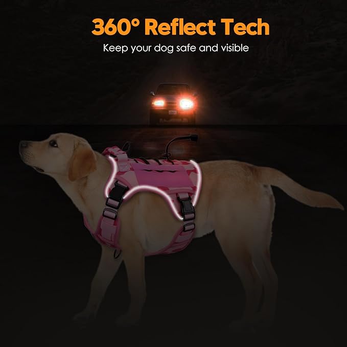 Heavy-Duty Tactical Dog Harness for Large Dogs, No Pull Adjustable Reflective Pet Vest with Molle System, K9 Military-Grade Control for Service Training, Outdoor &amp; 10+ Breeds, Pink Camo, X-Large