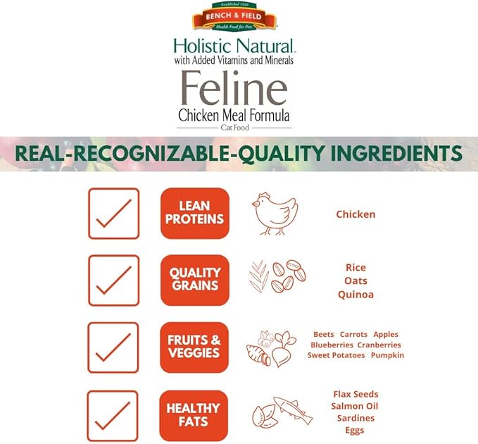 Bench &amp; Field Holistic Natural Premium Adult Dry Cat Food, Chicken Meal and Brown Rice Recipe 25 lb Bag (Pack of 1)