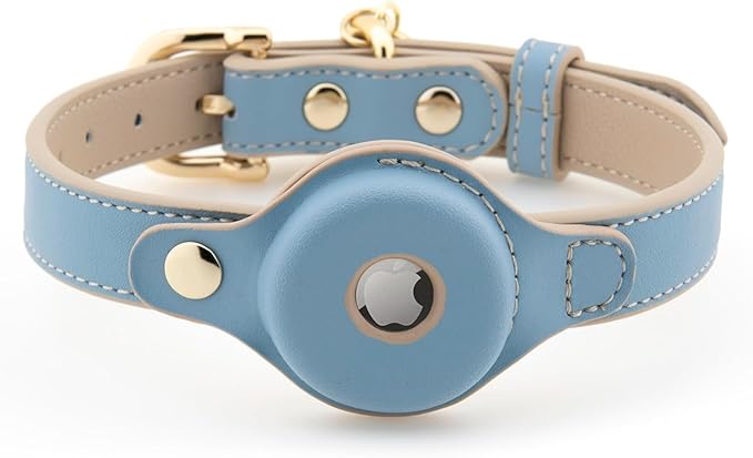 Cupertino Dog Collars, Harnesses &amp; Leashes Made from Vegan Leather with Dog Tracker Device Holder Adjustable Dog Collar - Color Blue, Medium