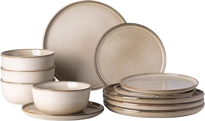 GBHOME Ceramic Dinnerware Sets for 4, 12 Pieces Stoneware Plates and Bowls Sets, Scratch Resistant Dishes, Dishwasher &amp; Microwave Safe, Reactive Glaze-Cappuccino
