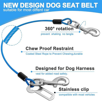 Dog Seat Belt Harness for Car,2pcs Dog Seatbelt of Coated Wire Leash Safety Restraint,No Chew Tether Cable Vehicle Dog Accessories,Double Clips &amp; Latch (2 Pack Red+Blue, 24 inch/60 CM)