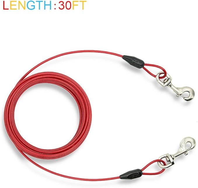 Petest 30ft Tie-Out Cable with Crimp Cover for Heavy Dogs Up to 125 Pounds Black &amp; Red