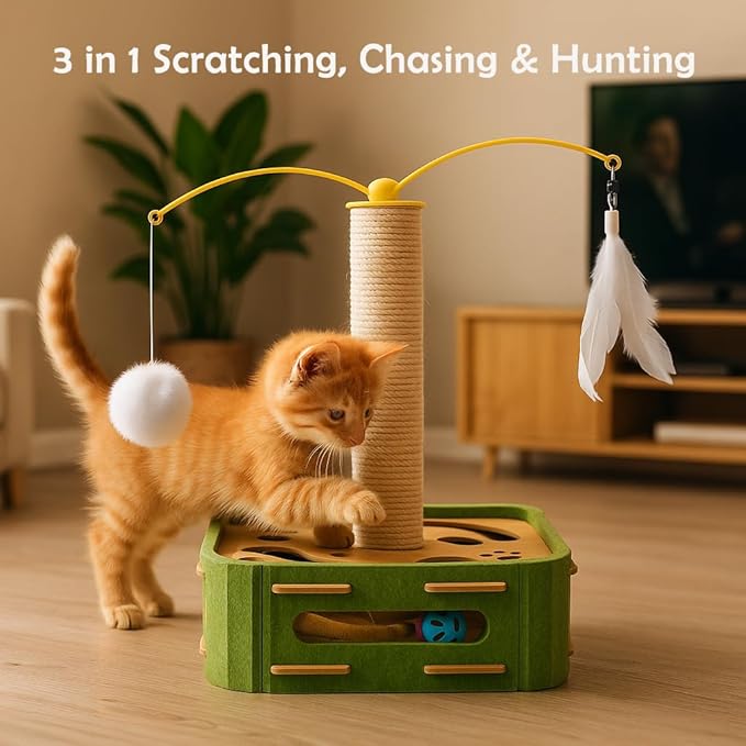 Interactive Cat Puzzle Toy - Scratching Post with Spinning Balls &amp; Feathers for Indoor Cats, Satisfies Hunting Instinct, Self-Play Mental Stimulation Game with Rolling Track
