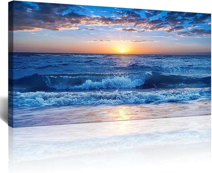 Lapremoly Framed Canvas Wall Art - Large Blue Ocean Beach Wall Painting for Living Room, Bedroom &amp; Office - 24" x 48"