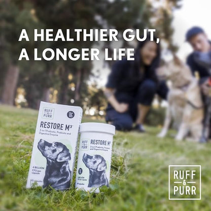 Ruff &amp; Purr Probiotics for Dogs – 3-in-1 Probiotics, Prebiotics and Digestive Enzymes for Gut Health, Immune Support, Healthy Skin and Coat – Clinically Studied DE111 &amp; PreforPro