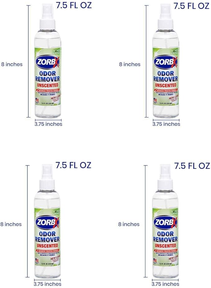 ZORBX Unscented Odor Eliminator for Strong Odor 7.5 Fl Oz, Pack of 4 - Used in Hospitals &amp; Healthcare Facilities - Advanced Formula, Fast-Acting Odor Remover Spray for Dog, Cat, House &amp; Carpet