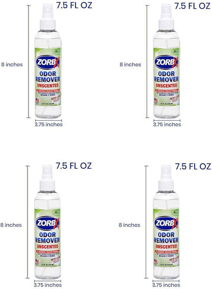 ZORBX Unscented Odor Eliminator for Strong Odor 7.5 Fl Oz, Pack of 4 - Used in Hospitals &amp; Healthcare Facilities - Advanced Formula, Fast-Acting Odor Remover Spray for Dog, Cat, House &amp; Carpet