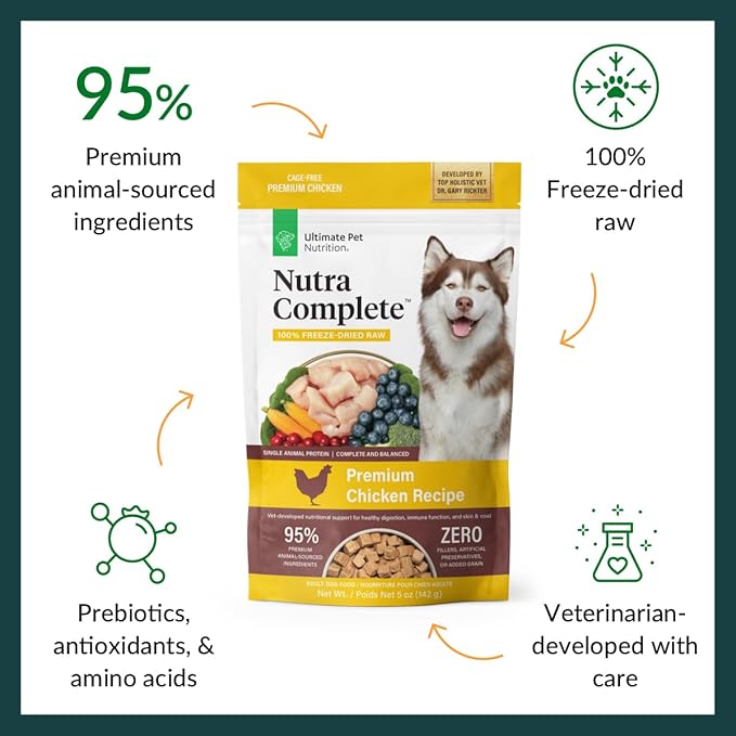ULTIMATE PET NUTRITION Nutra Complete Freeze Dried Raw Dog Food, Veterinarian Formulated with Antioxidants, Prebiotics &amp; Amino Acids (5 Ounce, Chicken)