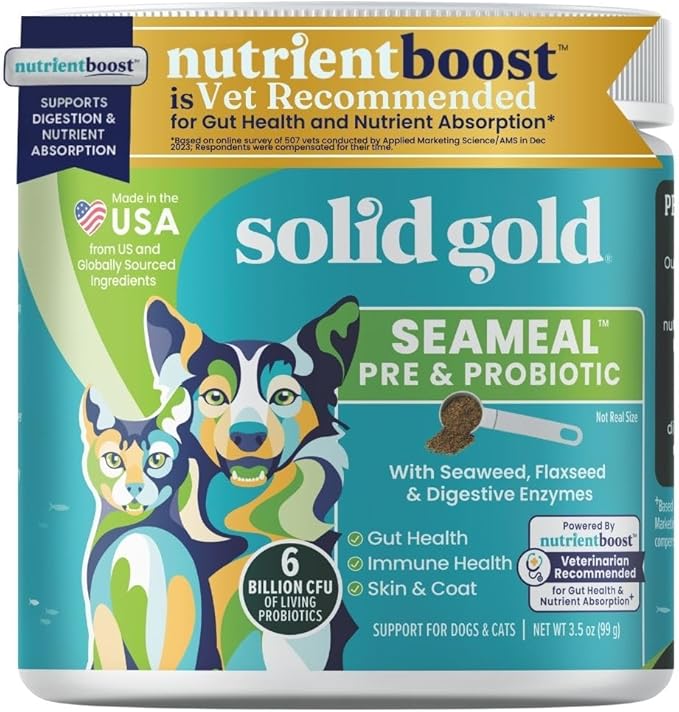 Solid Gold SeaMeal Cat Probiotic &amp; Dog Probiotics for Digestive Health - Kelp Powder Dog &amp; Cat Multivitamin Supplement w/Prebiotics &amp; Digestive Enzymes for Skin, Coat, &amp; Gut + Immune Support - 3.5oz