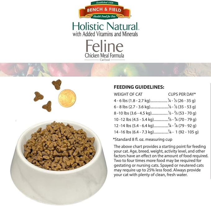 Bench &amp; Field Holistic Natural Premium Adult Dry Cat Food, Chicken Meal and Brown Rice Recipe 25 lb Bag (Pack of 1)