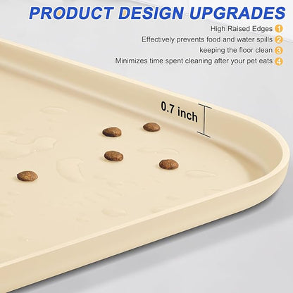 Silicone Pet Feeding Mat with Raised Edge for Food and Water, Dog Bowl Mats, Cat Bowls Placemat with High Lip for Floor Waterproof, Rubber Tray for Cats and Dogs 19 x 12 x0.7 White Sand