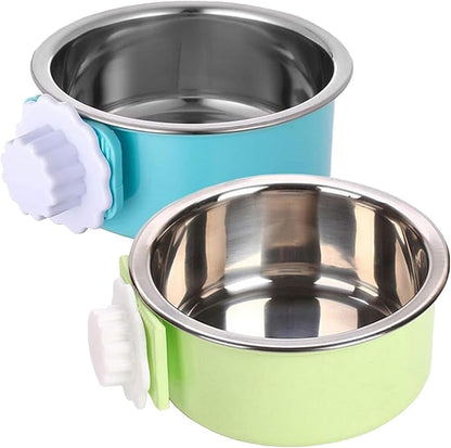 kathson Crate Dog Bowl 2pcs, Removable Stainless Steel Hanging Pet Kennel Cage Bowl Food &amp; Water Feeder Coop Cup for Puppy, Cat, Rabbit,Guinea Pigs Large (Blue,Green)