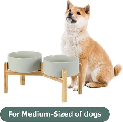 Ceramic Raised Double Bowls Set with Stand, Food &amp; Water Bowls for Medium Breed Dogs, Weighted Dog Dishes, Pet Bowl(7.3&