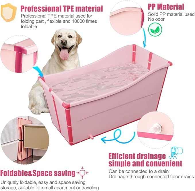 Portable Dog Bathtub for Large Dogs - 48.4Gal Foldable Pet Wash Station with Drain Plug, Insulated &amp; Non-Slip Design for Indoor/Outdoor Bathing, Grooming, Camping（Pink）