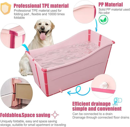 Portable Dog Bathtub for Large Dogs - 48.4Gal Foldable Pet Wash Station with Drain Plug, Insulated &amp; Non-Slip Design for Indoor/Outdoor Bathing, Grooming, Camping（Pink）