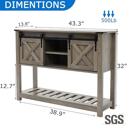 Entryway Table with Storage, Farmhouse Buffet Cabinet Coffee Bar Kitchen Island with Sliding Barn Doors &amp; Shelves, Console Table for Kitchen, Dining Room, Living Room, Grey