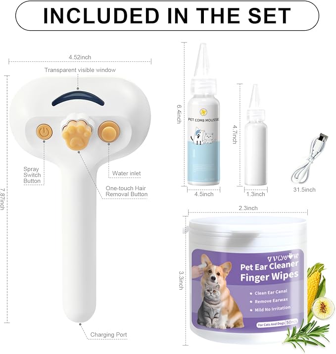 Pet Steam Brush for Dog &amp; Cat–3-in-1 Spray Hair Removal Comb–Steam Brush for Shedding &amp; Grooming–Water Brushes for Long &amp; Short Haired Pets–Spritz Defur Comb–Includes Waterless Shampoo &amp; Ear Wipes