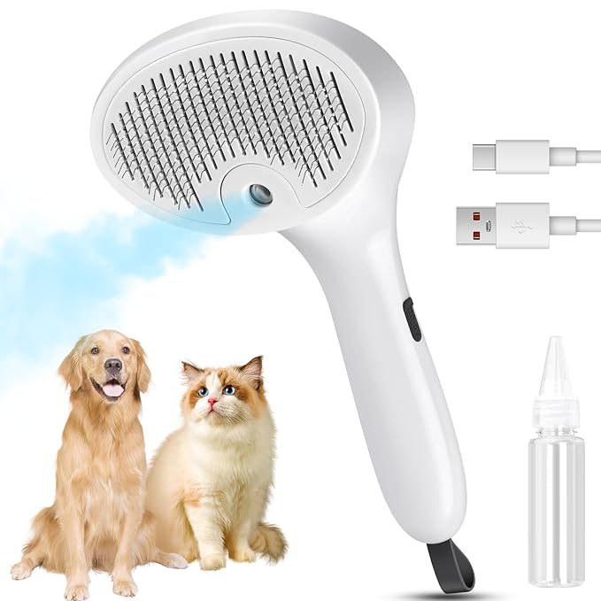 3 in 1 Cat Steam Brush for Cats &amp; Dogs, Pet Spray Hair Removal Comb for Shedding &amp; Grooming, Rechargeable Water Brush for Long &amp; Short Haired Pets with Release Button(White)