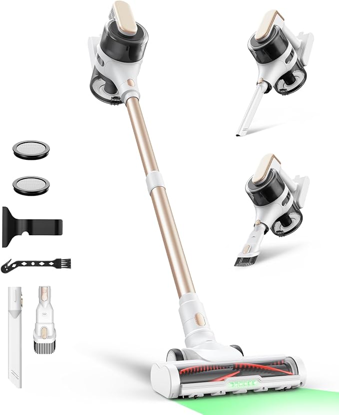 Cordless Stick Vacuum Cleaner for Home, Lightweight Rechargeable Vacuum with 55min Runtime, Powerful Suction, Green LED Headlight, 9-in-1 Pet Hair Carpet &amp; Hardwood Floor Cleaner