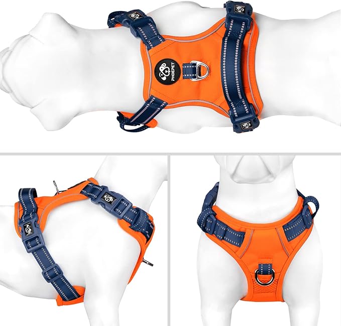 PHOEPET No Pull Dog Harness, Unique Colors Reflective Adjustable Dog Vest, with Soft Training Handle Metal Clips for Small Medium Large Dogs (Orange Base &amp; Blue Straps,XL)