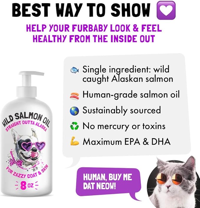 Wild Alaskan Salmon Oil for Dogs &amp; Cats - Pure Fish Omega 3 6 9 Liquid EPA DHA Fatty Acids - Skin &amp; Coat Supplement - Supports Joint Function, Brain, Eye, Immune &amp; Heart Health - Made in USA 8 oz