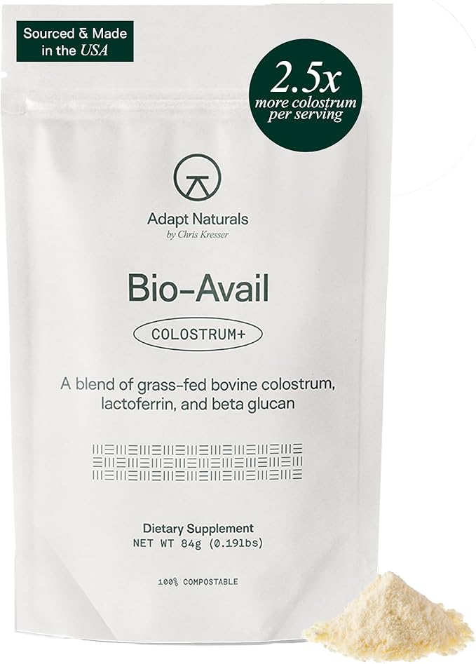 Adapt Naturals Colostrum Supplement with Lactoferrin &amp; Beta-Glucan, Bio-Avail Grass Fed Bovine Colostrum Powder for Gut Health, Immune Support &amp; Vitality | Non-GMO, 2500mg, Unflavored - 30 Days Supply