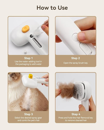 ROJECO 3-in-1 Pet Steam Brush for Cats&amp;Dogs-Pet Spray Hair Removal Detangling Comb with Adjustable Mist,Handheld Deshedding Grooming Tool for Long/Short Hair,Massage Brush &amp; Shedding Control,Cordless
