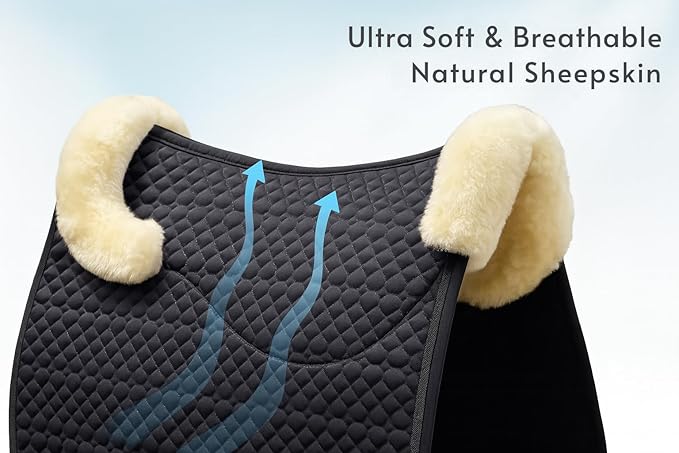 Woolous Dressage Saddle Pad, English Saddle Pad with Sheepskin Trim, Lambskin Wool Fleece Lining, Square Saddle Pad for Equestrian Riding, Comfortable &amp; Shock Absorbing
