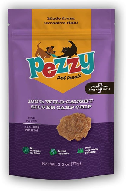Silver Carp Chips Dog &amp; Cat Treats | Single Ingredient | Wild Caught | Made w/Invasive Fish | Grain Free | High Protein + Low Fat | Hypoallergenic | Compostable Packaging | Made in The USA