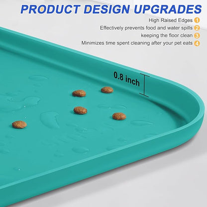 Silicone Pet Feeding Mat with Raised Edge for Food and Water, Dog Bowl Mats, Cat Bowls Placemat with High Lip for Floor Waterproof, Rubber Tray for Cats and Dogs 22 x 14 x0.8 Dark Turquoise