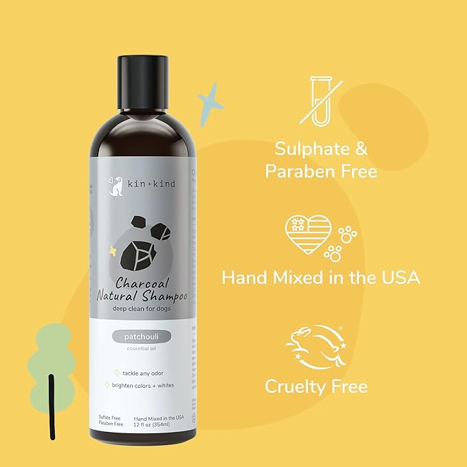kin+kind Dog Shampoo - Deep Clean, Dirt &amp; Odor Remover w/Activated Charcoal for Dogs, Gentle Formula w/Natural Aloe, Olive Oil &amp; Coconut Oil, Pet Hair Care &amp; Grooming Products, Patchouli, 12 fl oz