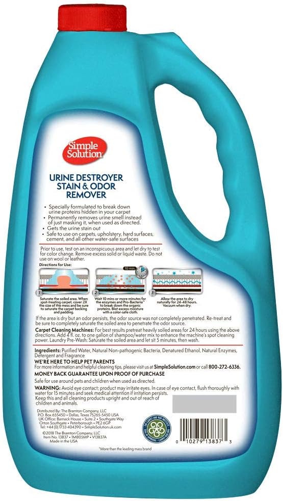 Simple Solution Urine Destroyer for Pets, Strong Odor, Enzyme Pet Odor Eliminator for Home, Floor Cleaner, Stain Remover for Cats &amp; Dog Pee, Cat Urine Destroyer, Carpet Cleaner Spray, 1 Gallon