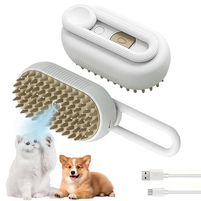 3-in-1 Cat Grooming Brush – Water Spray &amp; Self-Cleaning Shedding Brush for Cats &amp; Dogs – Pet Hair Removal &amp; Massage Comb for Long &amp; Short Hair (White). (White)