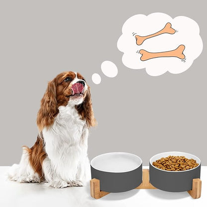 SPUNKYJUNKY Ceramic Dog and Cat Bowl Set with Wooden Stand, Modern Cute Weighted Food Water Set for Small Size Dogs (13.5OZ) &amp; Medium Sized Dogs (28.7OZ) &amp; Cats (3.6 Cups, 2 × White-Grey)