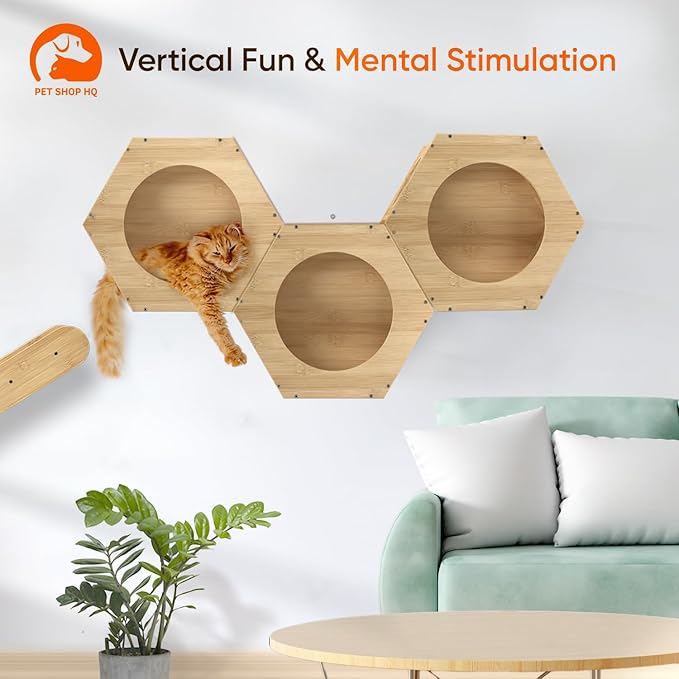 Cat Wall Furniture - Climbing Shelves, Ladders, Hammock &amp; More - Bamboo Material - Light Brown - Cat House, Shelves, Perches, Hammock, Bed, Bridges, Walkways