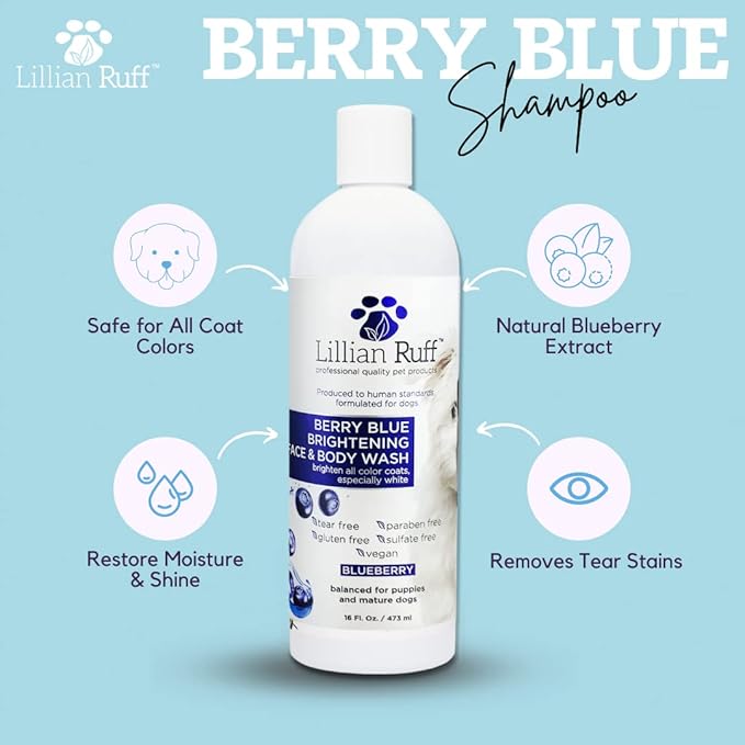 Lillian Ruff PRO Formula Berry Blue Brilliance Bundle - Ultimate Tear Stain &amp; Odor Eliminator Set, Includes Berry Blue Shampoo, Conditioner &amp; Waterless Shampoo, Hydrate, Soften &amp; Detangle, USA Made