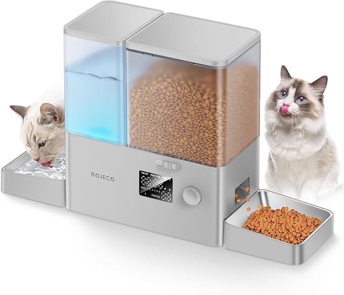 Rojeco 36Cups/8.5L Pet Automatic Cat Feeder and Gravity Water Dispenser,Stainless Steel Bowls 2-in-1 Set Large Capacity 5L Food Feeder and 3.5L Water Fountain for Cats,Pets,Small Dogs,Grey