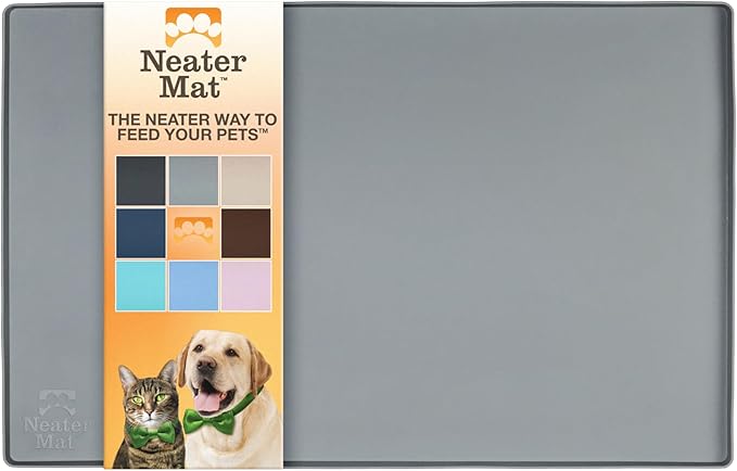 Neater Pet Brands Neater Mat Pet Mats for Food and Water, Cat &amp; Dog Bowl Mat Waterproof Silicone, Feeding Tray, Dog Food Mats for Floors, Placemat w/Raised Edge for Under Bowls, 16” x 10”, Grey