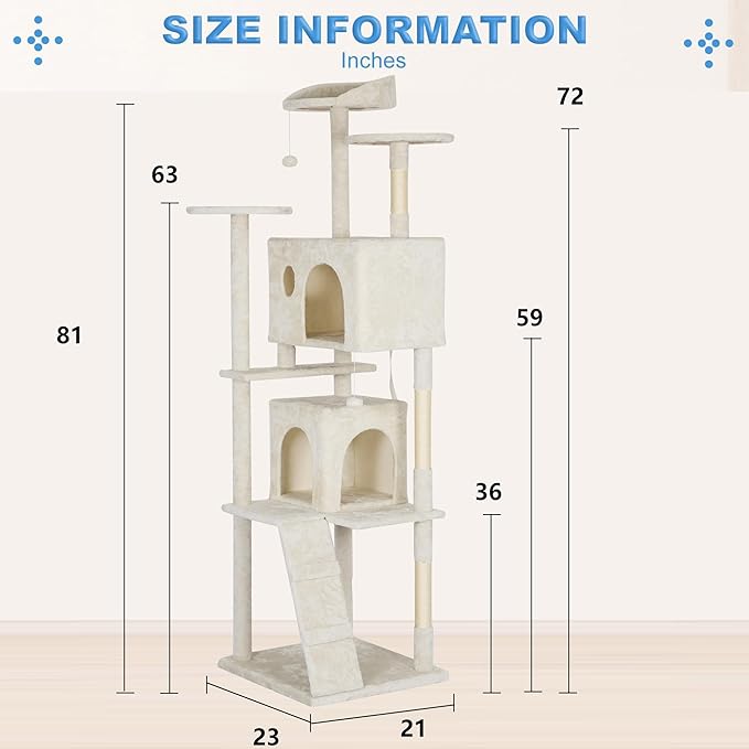 FDW Cat Tree Tower 81in Multi-Level Durable Cat Scratching Post &amp; Cozy Fun Jumping Platform Space Saving Condo Pet Play House for Indoor Cats,Beige